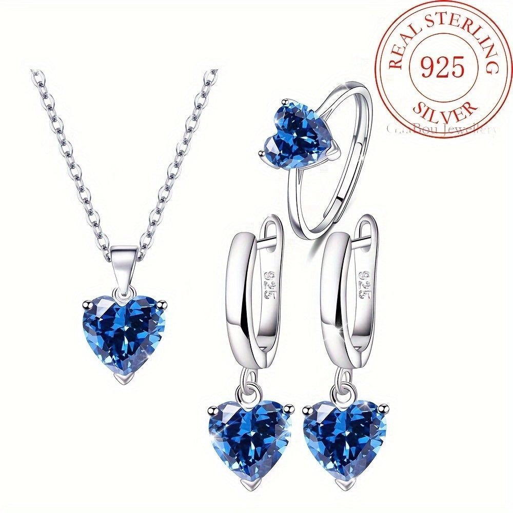 Parure de bijoux pour femme en argent sterling 925 avec cœur en zircon cubique – Trio de 3 pièces : collier, bague et boucles d'oreilles, coffret cadeau romantique en CZ pour anniversaire, Saint-Valentin, disponible en 4 couleurs