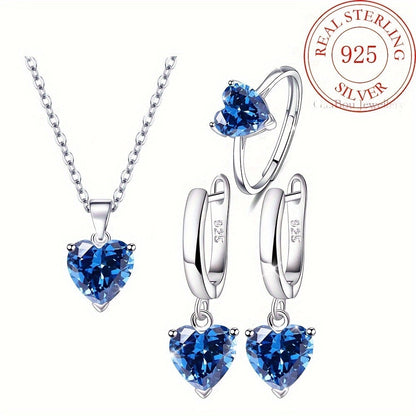 Parure de bijoux pour femme en argent sterling 925 avec cœur en zircon cubique – Trio de 3 pièces : collier, bague et boucles d'oreilles, coffret cadeau romantique en CZ pour anniversaire, Saint-Valentin, disponible en 4 couleurs