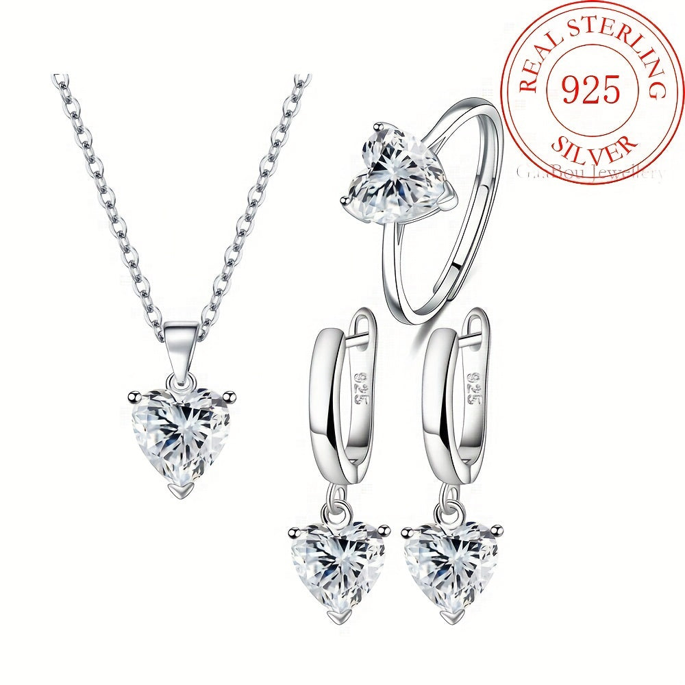 Parure de bijoux pour femme en argent sterling 925 avec cœur en zircon cubique – Trio de 3 pièces : collier, bague et boucles d'oreilles, coffret cadeau romantique en CZ pour anniversaire, Saint-Valentin, disponible en 4 couleurs