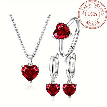 Parure de bijoux pour femme en argent sterling 925 avec cœur en zircon cubique – Trio de 3 pièces : collier, bague et boucles d'oreilles, coffret cadeau romantique en CZ pour anniversaire, Saint-Valentin, disponible en 4 couleurs
