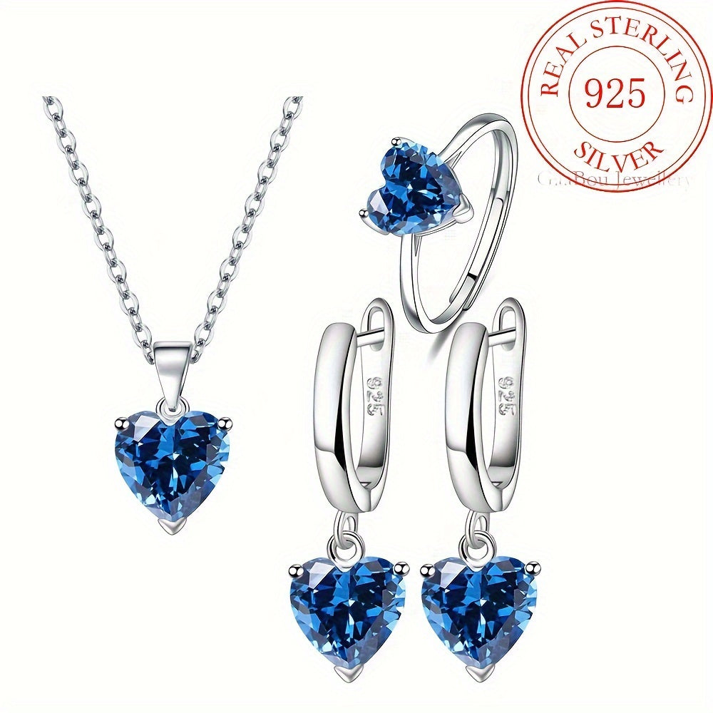 Parure de bijoux pour femme en argent sterling 925 avec cœur en zircon cubique – Trio de 3 pièces : collier, bague et boucles d'oreilles, coffret cadeau romantique en CZ pour anniversaire, Saint-Valentin, disponible en 4 couleurs