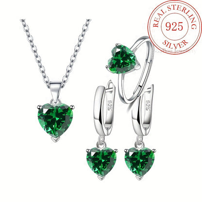 Parure de bijoux pour femme en argent sterling 925 avec cœur en zircon cubique – Trio de 3 pièces : collier, bague et boucles d'oreilles, coffret cadeau romantique en CZ pour anniversaire, Saint-Valentin, disponible en 4 couleurs