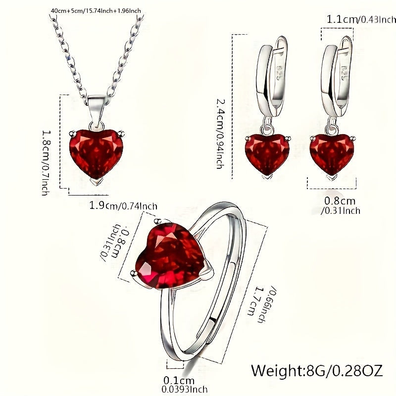 Parure de bijoux pour femme en argent sterling 925 avec cœur en zircon cubique – Trio de 3 pièces : collier, bague et boucles d'oreilles, coffret cadeau romantique en CZ pour anniversaire, Saint-Valentin, disponible en 4 couleurs