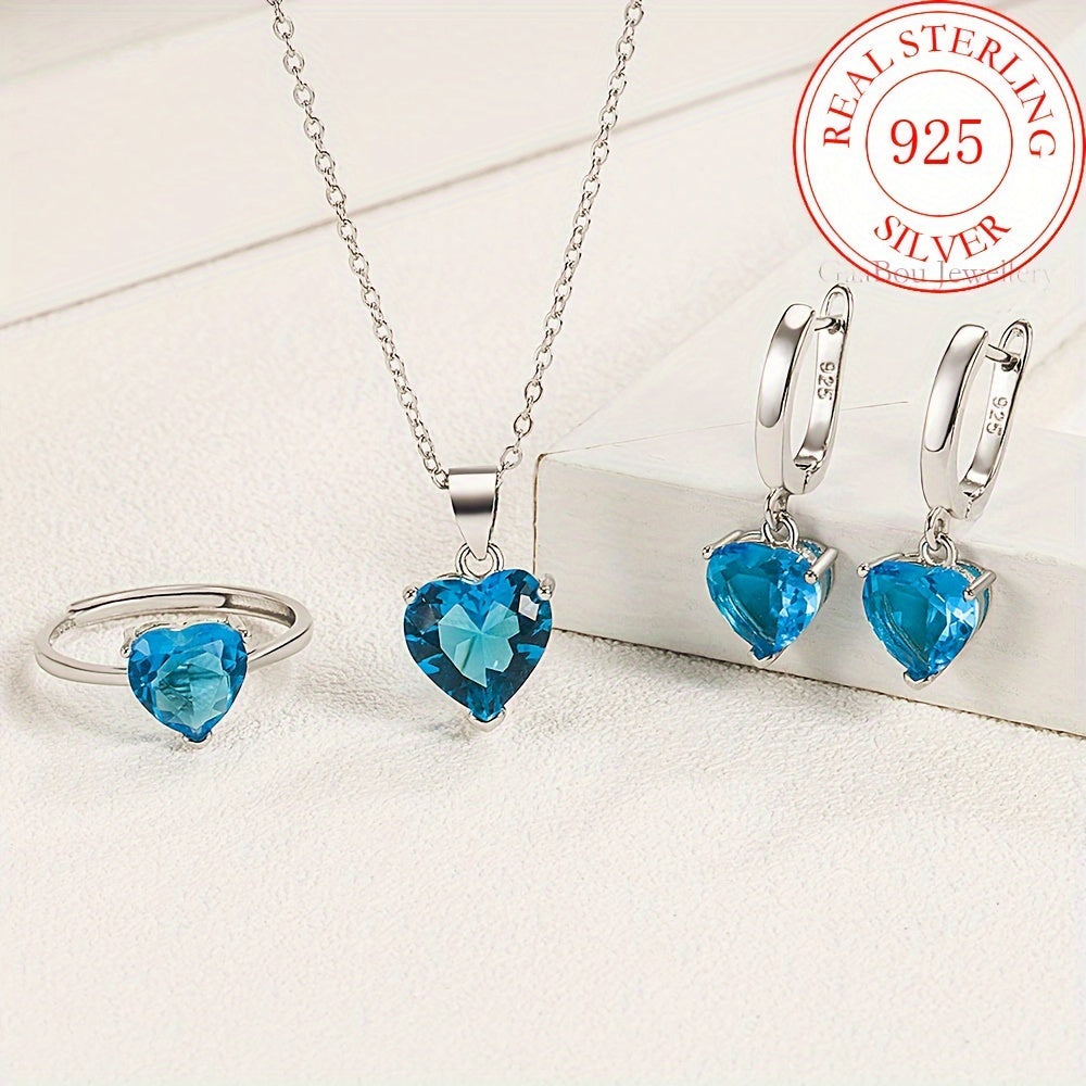 Parure de bijoux pour femme en argent sterling 925 avec cœur en zircon cubique – Trio de 3 pièces : collier, bague et boucles d'oreilles, coffret cadeau romantique en CZ pour anniversaire, Saint-Valentin, disponible en 4 couleurs