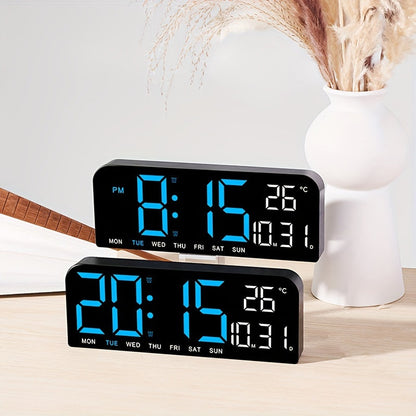 Réveil LED à grand écran avec télécommande à atténuation automatique – Horloge numérique de 15 pouces affichant l'heure, la date, le jour de la semaine, la température et l'humidité – Horloge de chevet pour seniors, salon, bureau
