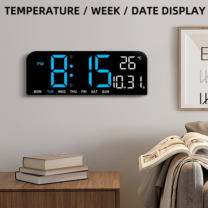 Réveil LED à grand écran avec télécommande à atténuation automatique – Horloge numérique de 15 pouces affichant l'heure, la date, le jour de la semaine, la température et l'humidité – Horloge de chevet pour seniors, salon, bureau