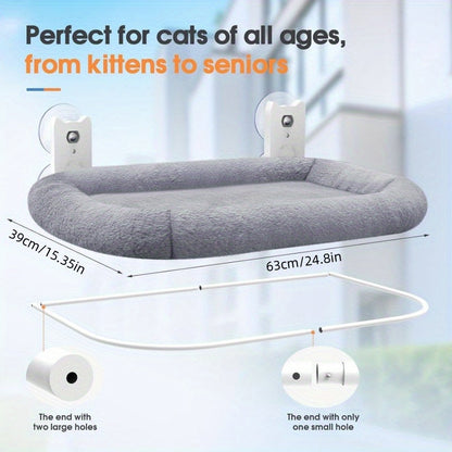 Grand perchoir de fenêtre pour chat avec hamac rembourré – Structure en acier supportant 18 kg, 4 ventouses puissantes, siège de bronzage pour chat d'intérieur de 63 x 39 cm, installation facile sans perçage