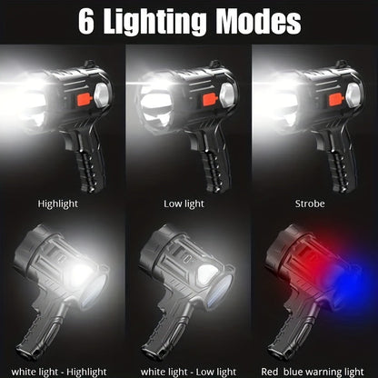 Projecteur LED rechargeable 2000 lumens – 6 modes et 3 filtres colorés, lampe torche portative de 200 m de portée avec câble USB pour bateau, chasse, camping, randonnée, urgence et éclairage domestique