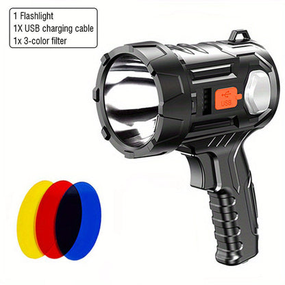 Projecteur LED rechargeable 2000 lumens – 6 modes et 3 filtres colorés, lampe torche portative de 200 m de portée avec câble USB pour bateau, chasse, camping, randonnée, urgence et éclairage domestique