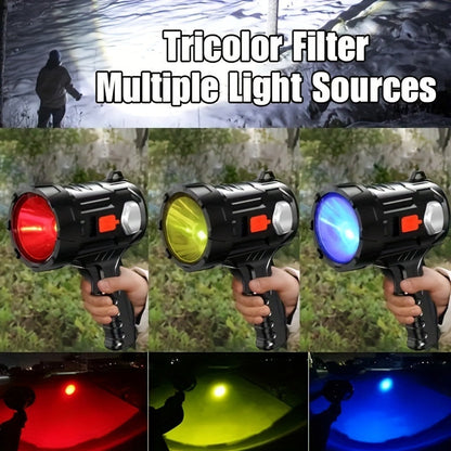 Projecteur LED rechargeable 2000 lumens – 6 modes et 3 filtres colorés, lampe torche portative de 200 m de portée avec câble USB pour bateau, chasse, camping, randonnée, urgence et éclairage domestique