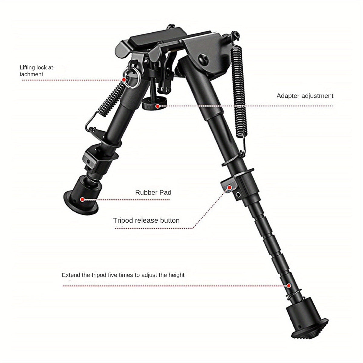 Bipied de tir réglable 6-9 pouces, 5 hauteurs, adaptateur à démontage rapide, pliable, rétractable, alliage d'aluminium léger, montage M-LOK, pieds en caoutchouc pour la chasse, le tir et les sports de plein air