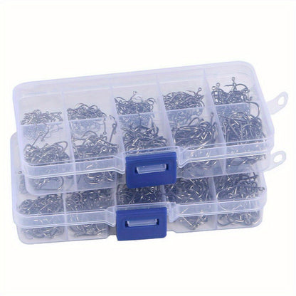 1000 hameçons assortis, tailles n°3 à n°12, en acier au carbone, pointus et ardillonnés, avec boîte de rangement portable, équipement de pêche en eau douce et en mer pour bar, truite et carpe – Noir et argent