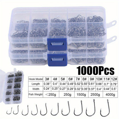 1000 hameçons assortis, tailles n°3 à n°12, en acier au carbone, pointus et ardillonnés, avec boîte de rangement portable, équipement de pêche en eau douce et en mer pour bar, truite et carpe – Noir et argent