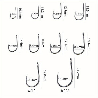 1000 hameçons assortis, tailles n°3 à n°12, en acier au carbone, pointus et ardillonnés, avec boîte de rangement portable, équipement de pêche en eau douce et en mer pour bar, truite et carpe – Noir et argent