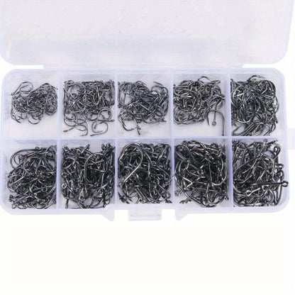 1000 hameçons assortis, tailles n°3 à n°12, en acier au carbone, pointus et ardillonnés, avec boîte de rangement portable, équipement de pêche en eau douce et en mer pour bar, truite et carpe – Noir et argent