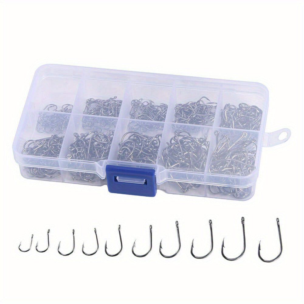 1000 hameçons assortis, tailles n°3 à n°12, en acier au carbone, pointus et ardillonnés, avec boîte de rangement portable, équipement de pêche en eau douce et en mer pour bar, truite et carpe – Noir et argent