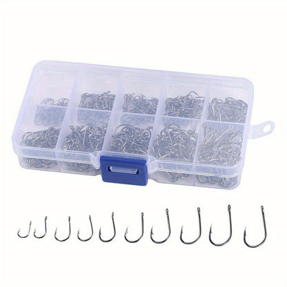 1000 hameçons assortis, tailles n°3 à n°12, en acier au carbone, pointus et ardillonnés, avec boîte de rangement portable, équipement de pêche en eau douce et en mer pour bar, truite et carpe – Noir et argent