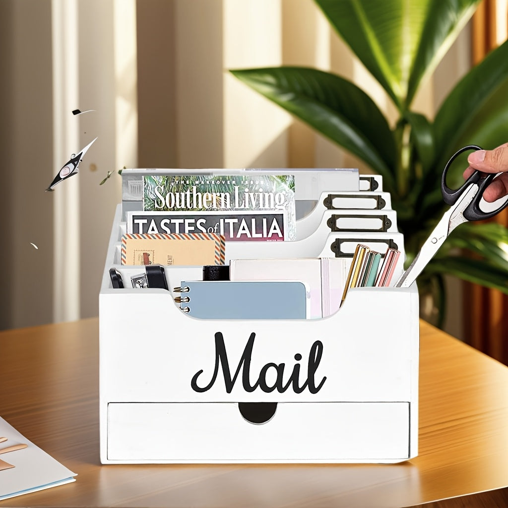 Grand organisateur de courrier de bureau en bois massif avec tiroir, 4 compartiments et séparateurs étiquetables pour dossiers, lettres et papier, organisateur de bureau pour bureau à domicile, étudiants et professionnels