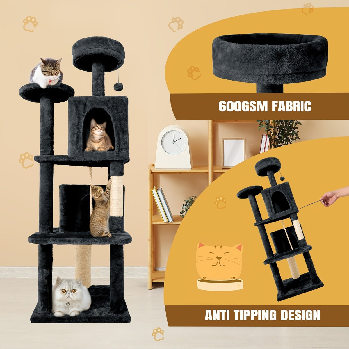 Arbre à chat multi-niveaux de 150 cm pour chats d'intérieur – Grand arbre à chat avec zone de repos en peluche, poteau à griffer en sisal et jouet à balle suspendue – Idéal pour chambre, salon et foyers multi-chats – Velora