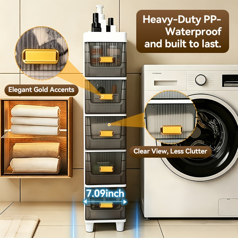 Meuble de rangement fin à roulettes avec tiroirs, organisateur en PP imperméable à 3, 4, 5 ou 6 niveaux pour salle de bain, cuisine, chambre, petits espaces – Tour de rangement étroite