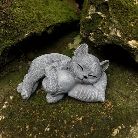 Statue commémorative de chat en résine – Sculpture de chat endormi réaliste pour pierre tombale de jardin, décoration extérieure de pelouse et cour ou intérieure de bureau, cadeau de sympathie pour la perte d'un chat