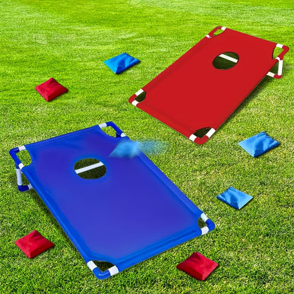 Jeu de cornhole avec 6 sacs de haricots, plateau bicolore et sac de transport pour jardin, fête en plein air, plage, camping, divertissement en intérieur – Coffret cadeau inclus Rouge Bleu
