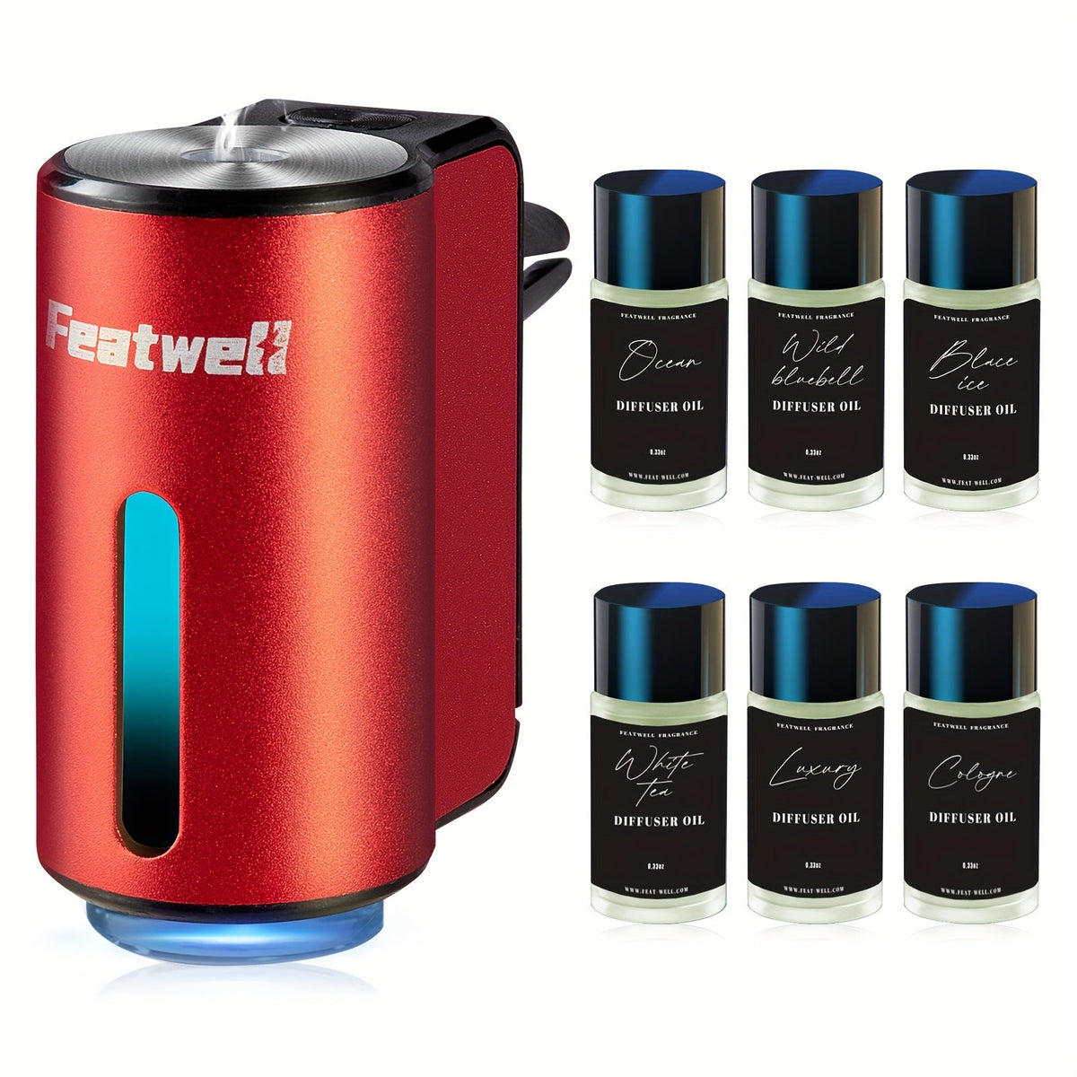 Diffuseur d'aromathérapie pour voiture, humidificateur USB à huiles essentielles | 3 modes de brume réglables, diffuseur de parfum intelligent pour véhicule – Noir, rouge, gris, rose – Lot de 6 parfums en option