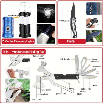 Kit de survie professionnel de 14, 152 ou 258 pièces – Équipement de survie d'urgence en plein air avec allume-feu, boussole et outil multifonction pour le camping, la randonnée et l'aventure, le meilleur cadeau pour hommes et femmes