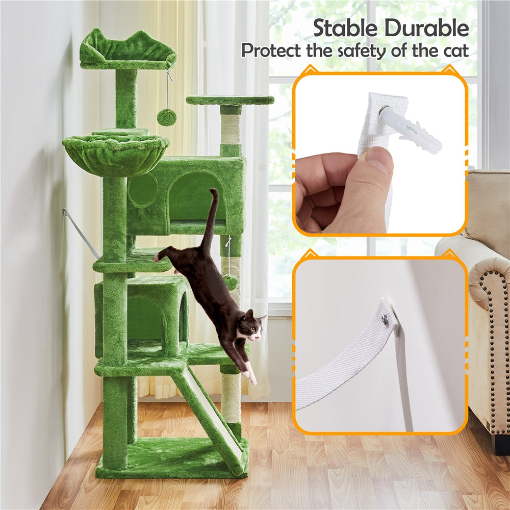 Arbre à chat multiniveaux de 145 cm avec 2 niches – poteaux à griffer en sisal, balle suspendue, plateforme ronde et échelle pour chatons et petits chats d'intérieur, 6 couleurs, cadeau de Noël pour les amoureux des chats