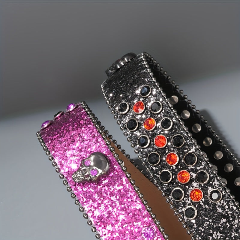 Ceinture punk unisexe à tête de mort – Similicuir orné de strass avec boucle tête de mort en alliage de zinc, accessoire de mode audacieux pour Halloween, les fêtes et le quotidien, 5 couleurs disponibles