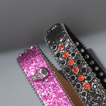 Ceinture punk unisexe à tête de mort – Similicuir orné de strass avec boucle tête de mort en alliage de zinc, accessoire de mode audacieux pour Halloween, les fêtes et le quotidien, 5 couleurs disponibles