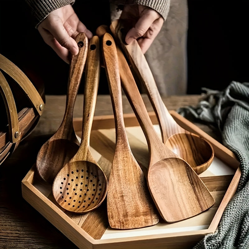 Ensemble d'ustensiles de cuisine en bois 3/5/7 pièces, cuillères, spatules, spurtle, louche et spatule à wok en bois naturel avec poignées ergonomiques, outils de cuisine robustes, résistants à la chaleur et sans danger pour les revêtements antiadhésifs