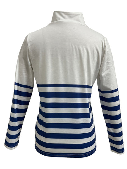 Striped Print Long Sleeve Zip Up Stand Collar T-Shirt Women Casual Top – Black Bars Red Blue Light Green Stripes S-XXL
