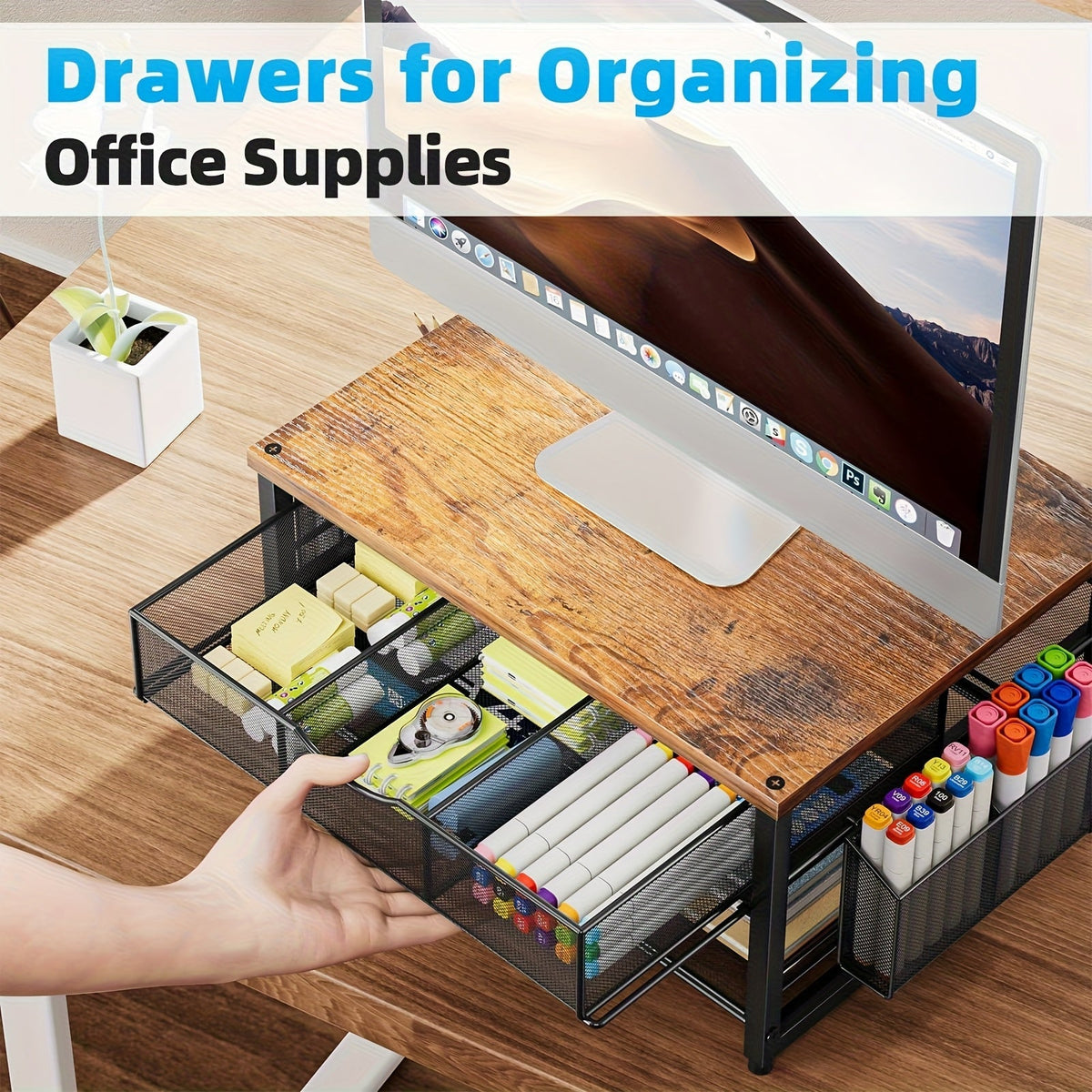Support d'imprimante en métal pour bureau avec tiroir de rangement et 2 porte-stylos – Organisateur de bureau à 2 niveaux pour bureau à domicile, table d'imprimante polyvalente pour télécopieur, scanner et dossiers, bois et noir
