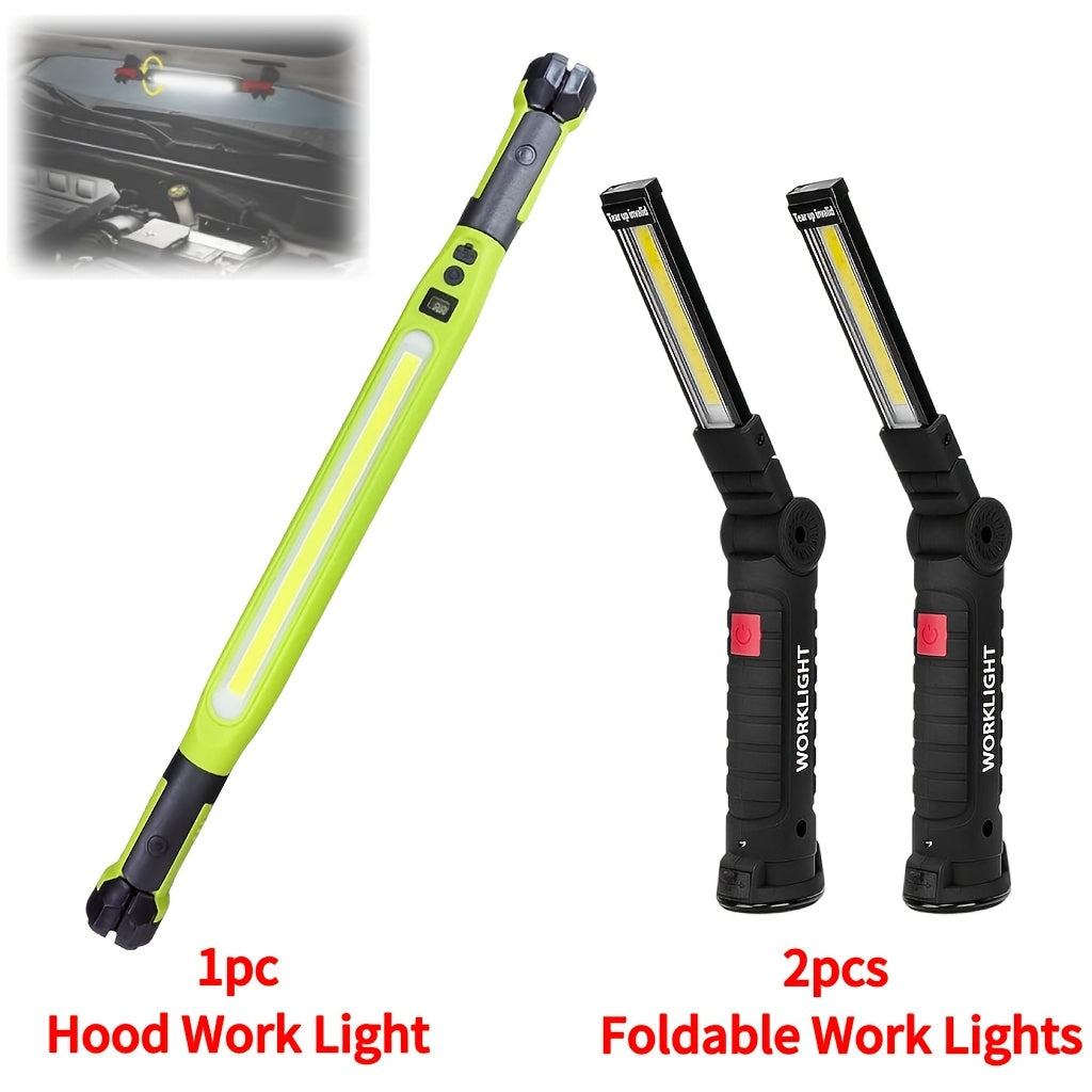 Lampe de travail LED COB rechargeable avec base magnétique – Lampe de poche portable de camping 1000 lumens, 5 modes, USB-C, lampe suspendue pour garage, jardin, urgence et extérieur, lot de 2/3/4