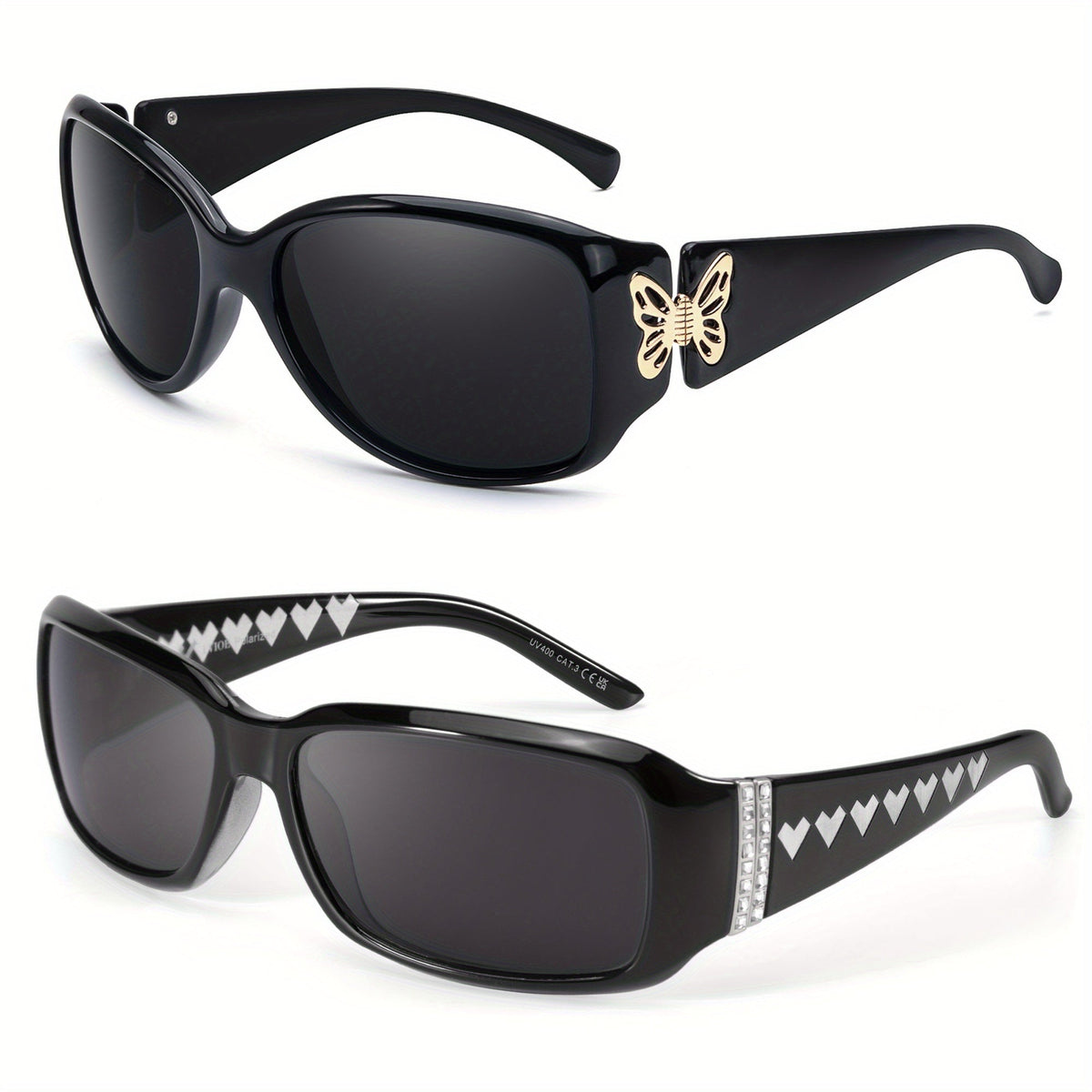 Lot de 2 lunettes de soleil polarisées pour femmes UV400 – Style papillon et cœur enveloppant Jackie-O, lunettes de mode tendance pour la conduite, la plage et l'extérieur, plusieurs couleurs disponibles