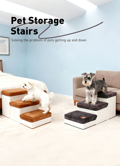 Escalier pliable pour petits chiens à 3 marches – Rampe pour animaux en nylon antidérapant pour lits et canapés surélevés, design pliable compact, marron et blanc, inclut une peluche en forme de patte de poulet en bonus