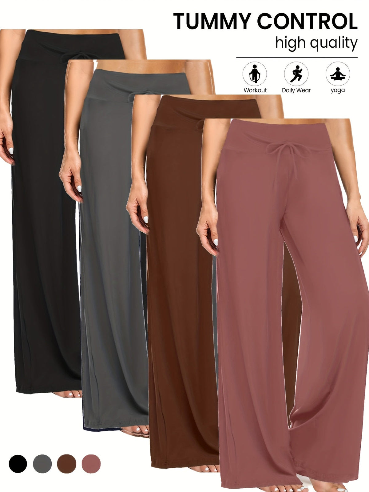 Pantalon palazzo large pour femme, lot de 4 – Pantalon fluide, extensible et décontracté à taille haute pour la plage ou la détente, pantalon habillé ample pour le quotidien, les vacances, l'été et grandes tailles – S à XXL, noir et couleurs assorties