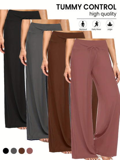 Pantalon palazzo large pour femme, lot de 4 – Pantalon fluide, extensible et décontracté à taille haute pour la plage ou la détente, pantalon habillé ample pour le quotidien, les vacances, l'été et grandes tailles – S à XXL, noir et couleurs assorties