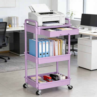 Desserte de rangement à roulettes 3 et 4 niveaux avec tiroir et roues verrouillables – Étagère de rangement multifonctionnelle en plastique pour cuisine, salle de bain, salon, bureau – 7 couleurs