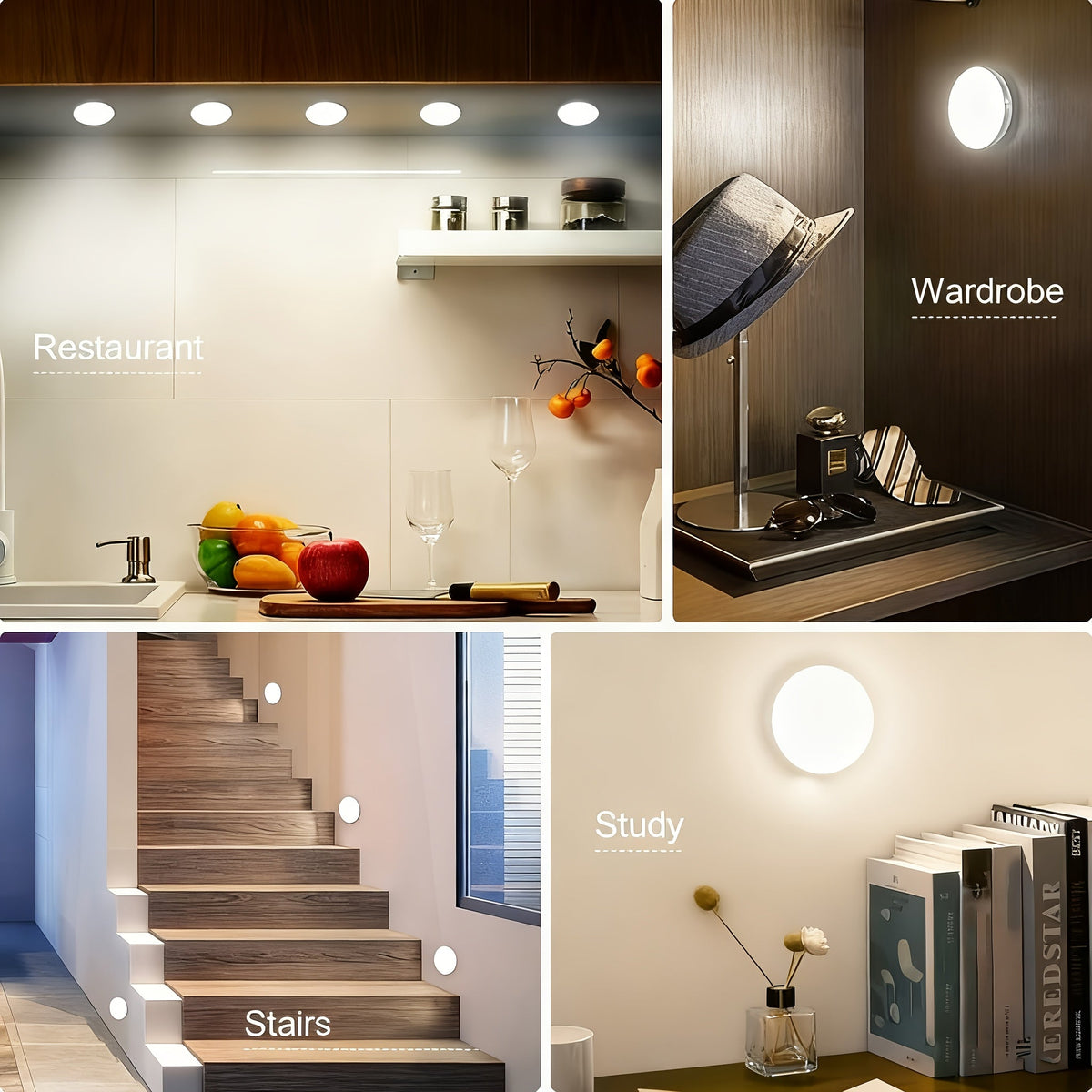 Veilleuses LED à détecteur de mouvement, rechargeables par USB, sans fil, mode double, luminosité réglable, fixation magnétique, éclairage sous meuble pour cuisine, couloir, escaliers, placard, lot de 6 ou 12