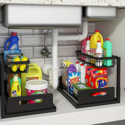 Organisateur sous évier coulissant à 2 niveaux pour cuisine et salle de bain, étagère de rangement extractible – Noir, blanc ou gris clair, lot de 1 ou 2