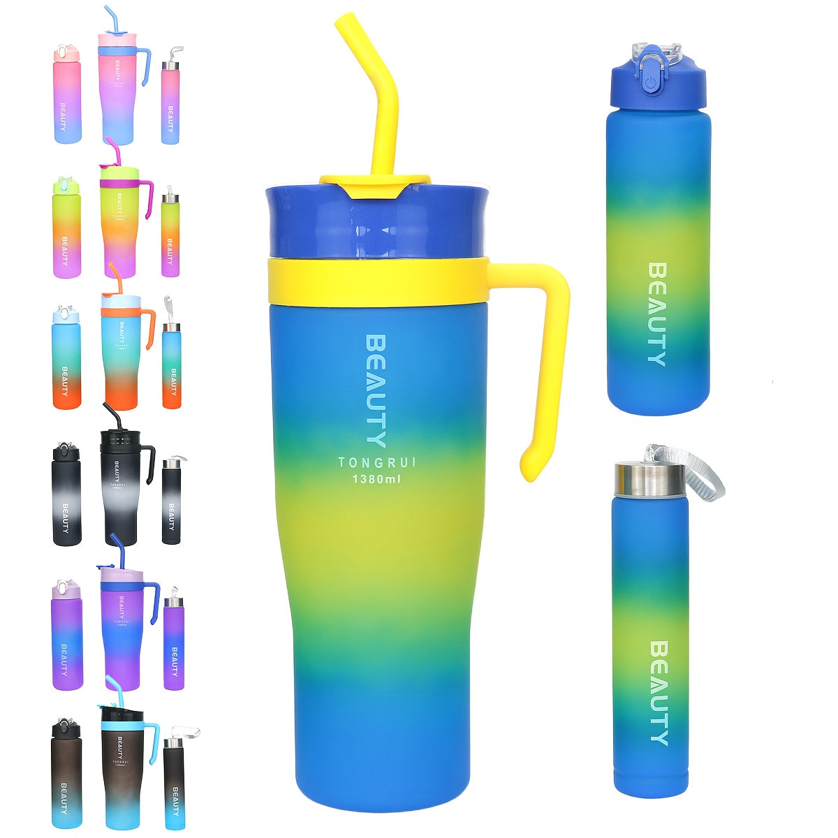 Ensemble de 5 bouteilles d'eau dégradées sans BPA avec paille et couvercle anti-fuite - Bouteilles de sport étanches de 1,3 L, 800 ml et 260 ml pour la gym, les voyages et l'extérieur
