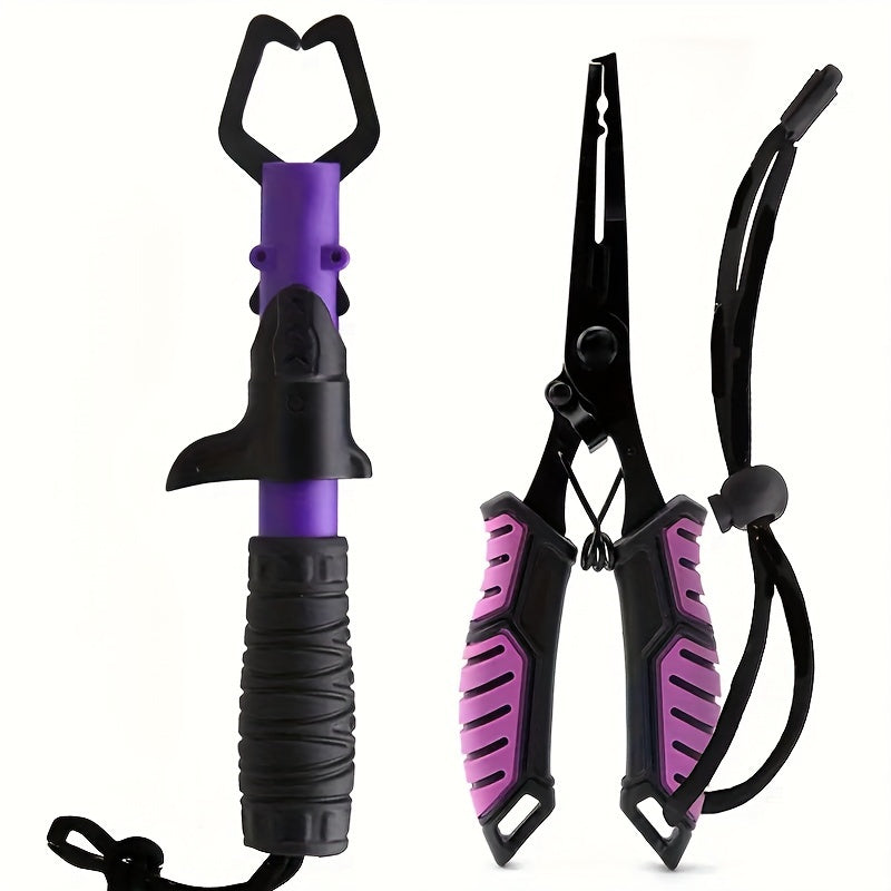 Ensemble pince de pêche et pince à poisson 2 pièces en acier inoxydable avec poignée confort TPR, verrou à ressort, dégorgeoir, coupe-fil et cordon - Outil de pêche essentiel en eau douce et en eau salée, cadeau pour pêcheurs