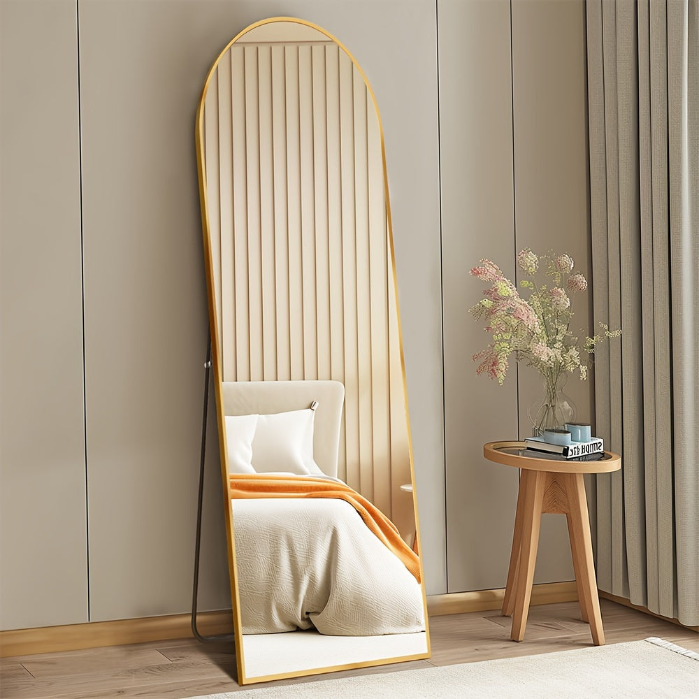 Miroir sur pied pleine longueur avec lumières LED - Sommet arqué et rectangulaire, cadre en aluminium, miroir habillage sur pied de 180 cm pour chambre et salon, noir or blanc, verre trempé de 5 mm