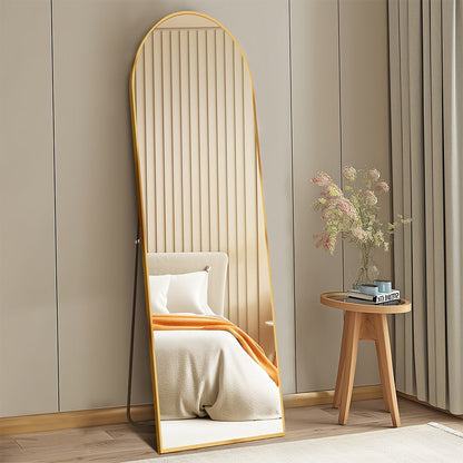 Miroir sur pied pleine longueur avec lumières LED - Sommet arqué et rectangulaire, cadre en aluminium, miroir habillage sur pied de 180 cm pour chambre et salon, noir or blanc, verre trempé de 5 mm