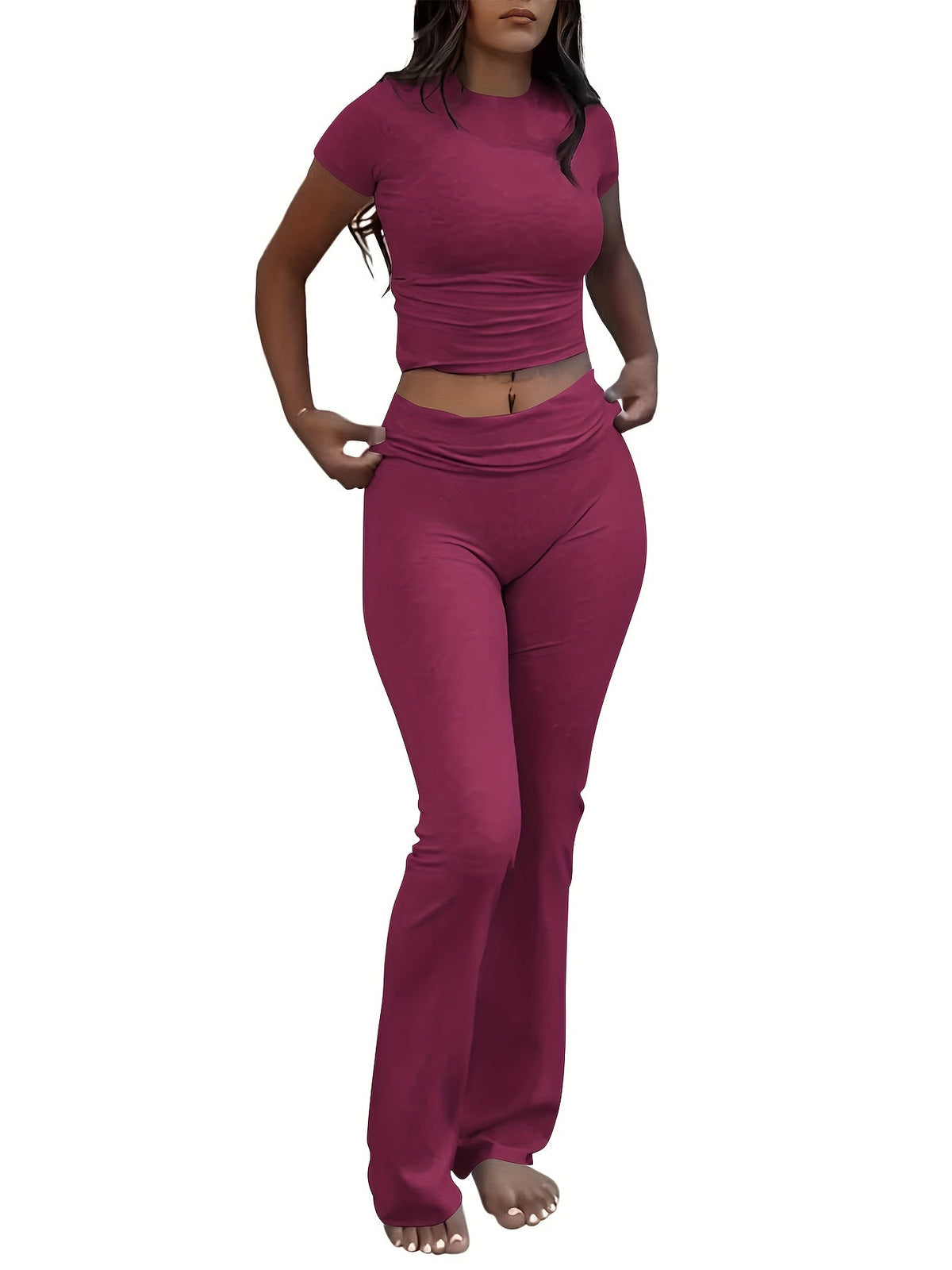 Ensemble deux pièces pour femme - T-shirt ajusté à manches courtes et col rond & pantalon moulant à pattes d'eph, tenue décontractée unie pour le quotidien, tailles XS-XL