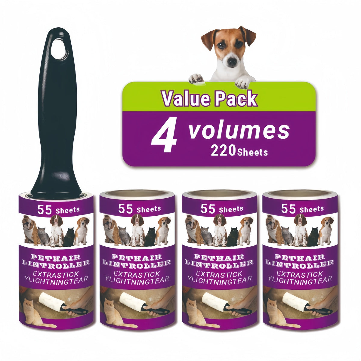 Rouleau adhésif anti-poils d'animaux avec recharges - Rouleau collant ultra-adhésif pour poils de chien et de chat sur les meubles, tapis et vêtements - Kit de rouleau anti-peluches portable (4, 6, 10 ou 15 pièces)