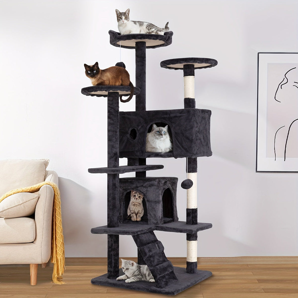 Arbre à chat de 137 cm pour chats d'intérieur – Centre d'activités à plusieurs niveaux avec poteaux à griffer, niche et jouets pour chatons et chats adultes, gris foncé