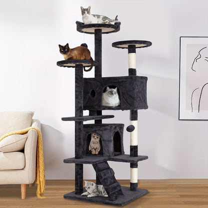 Arbre à chat de 137 cm pour chats d'intérieur – Centre d'activités à plusieurs niveaux avec poteaux à griffer, niche et jouets pour chatons et chats adultes, gris foncé